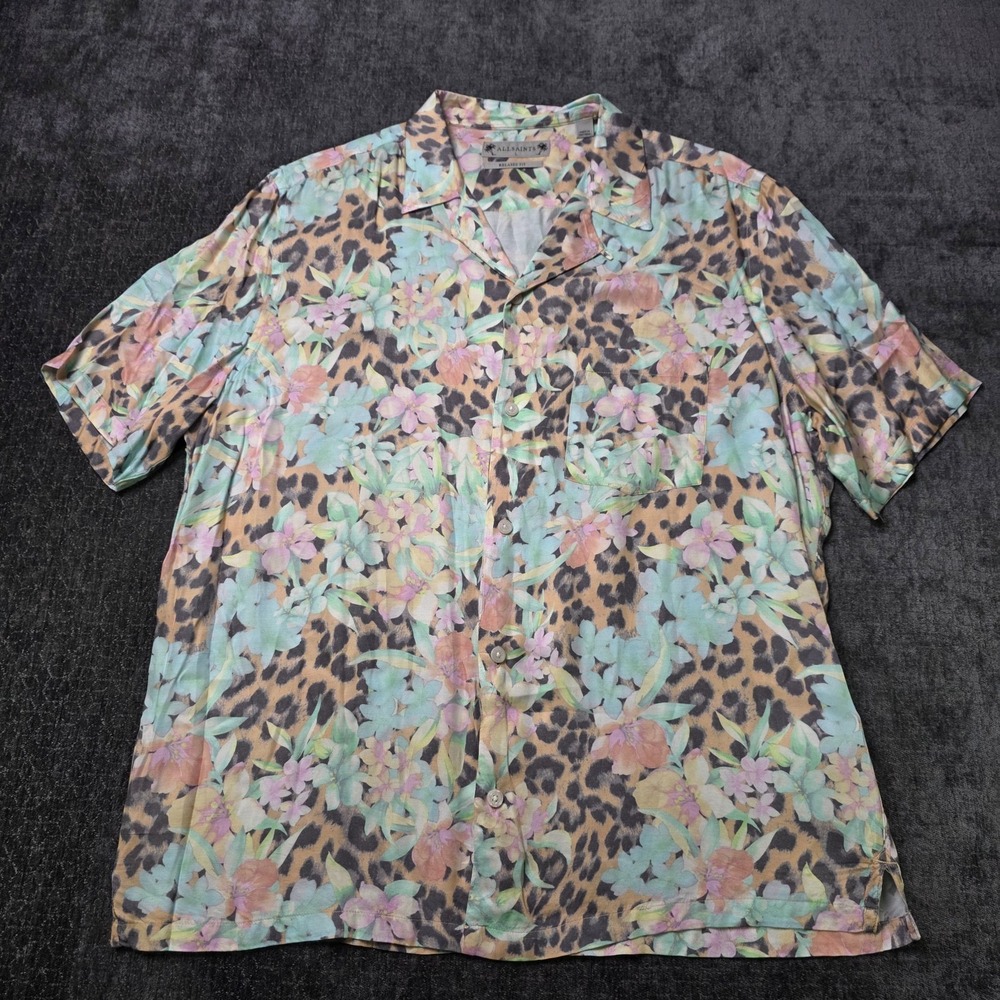 All Saints Shirt Mens Large Viscose Abstract Floral Colorful Hawaiian Loop L